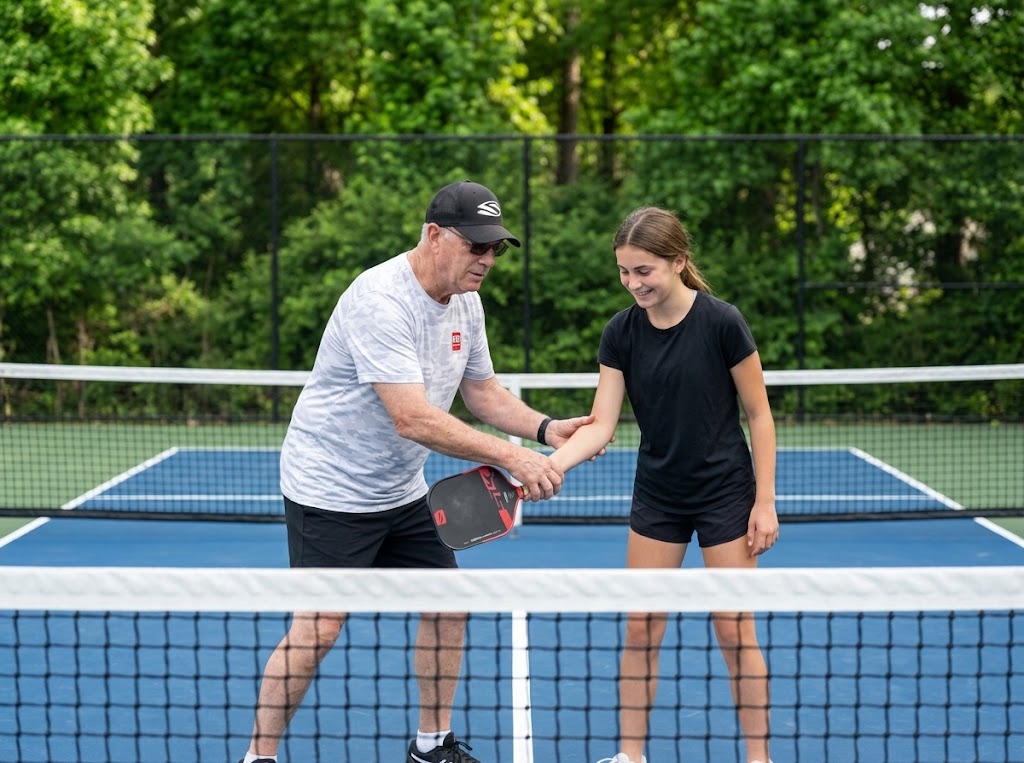 Coach Russ teaching a new student how to dink like a Pickleball Pro